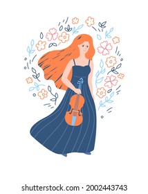 Young woman with a violin in her hand. Cartoon violinist girl. Vector illustration of a musician with flowers on background, isolated.