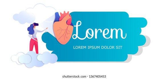 Young Woman in Virtual Reality Glasses Looking at Huge Digital Human Heart Standing on Clouds. Medical Futuristic Diagnosis Template. Healthcare. Cartoon Flat Vector Illustration. Horizontal Banner.