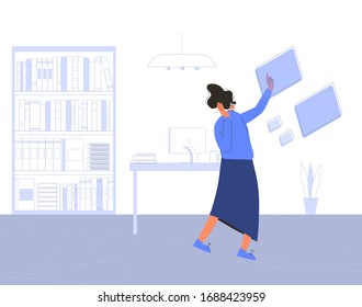 Young woman in virtual reality glasses working with data in her office. Female business character with vr headset.  Student preparing for examination with technology. Vector flat color illustration.