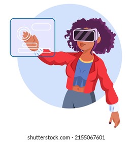 Young woman Virtual reality glasses Game simulator Vector illustration