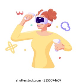 Young woman Virtual reality glasses Game simulator Vector illustration