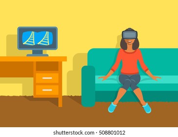 Young woman in virtual reality glasses sitting on sofa at home near the table with computer. Flat vector illustration. Virtual 3d technology device for entertainment. Electronic gaming headset