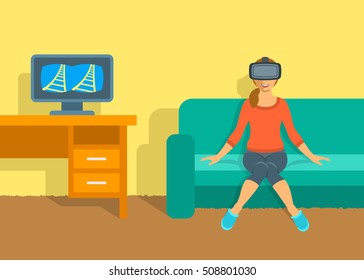 Young woman in virtual reality glasses sitting on sofa at home near the table with computer. Flat vector illustration. Virtual 3d technology device for entertainment. Electronic gaming headset