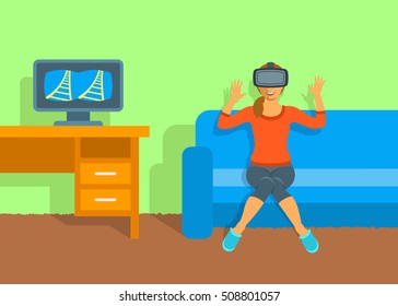 Young woman in virtual reality glasses sitting on sofa at home near the table with computer. Flat vector illustration. Virtual 3d technology device for entertainment. Electronic gaming headset