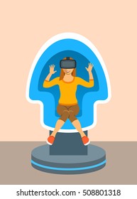Young woman with virtual reality glasses in VR egg chair simulator. Flat vector illustration. Virtual 3d technology devices for entertainment. Electronic gaming equipment