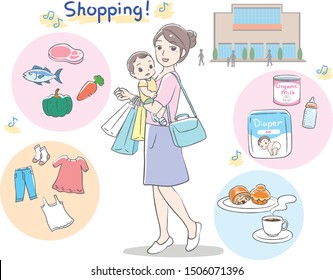Young woman visit shopping mall with her baby. Vector illustration.