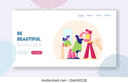 Young Woman Visiting Beauty Salon Website Landing Page. Master doing Haircut for Girl in Barbershop Drying Hair with Fan front of Mirror. Fashion Club Web Page Banner. Cartoon Flat Vector Illustration