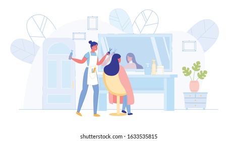 Young Woman Visiting Beauty Salon. Master doing Haircut for Girl in Barbershop Cutting Hair in front of Mirror. Female Grooming Place, Fashion Club, Spa, Body Care. Cartoon Flat Vector Illustration