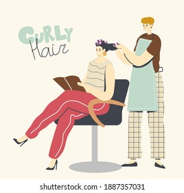 Young Woman Visiting Beauty Salon. Master Character doing Curly Hairstyle for Girl in Barbershop Using Curlers in front of Mirror. Beautician Grooming Place, Fashion. Linear People Vector Illustration