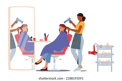 Young Woman Visiting Beauty Salon. Hairdresser Master doing Haircut for Girl Drying Hair with Fan in front of the Mirror. Grooming Place, Fashion Club Spa and Body Care. Cartoon Vector Illustration