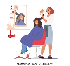 Mujer Joven Visitando Salón De Belleza. Maestro peluquero haciendo corte de pelo para las chicas cortando el pelo con tijeras delante del espejo. Recreación en Grooming Place, Tratamiento. Ilustración vectorial