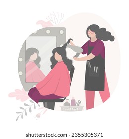 Mujer joven visitando el salón de belleza. El maestro de peluquería cortando el pelo de una chica delante del espejo. Recreación en un lugar de compras, barbería, estudio de belleza, tratamiento. Ilustración del vector