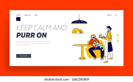 Young Woman Visiting Cat Cafe Landing Page Template. Female Character Playing with Kitten at Cafe Interior Waiting Order. Waitress Bring Coffee to Customer. Linear People. Linear Vector Illustration