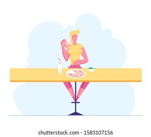 Young Woman Visiting Fastfood Restaurant or Cafe. Female Character Sitting at Table Eating Pizza and Drinking Soda Beverage. Girl Have Relaxing Sparetime in Cafeteria. Cartoon Flat Vector Illustration