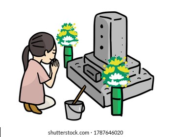 Young woman visiting a grave, Japanese style, vector illustration.