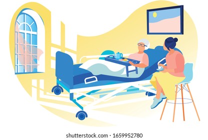 Young Woman Visiting Infirm, Diseased Old Lady, Her Grandmother or Senior Friend, Lying in Hospital Bed. Aged Lady in Light, Spacious, Cozy Private Ward. Big Window. Hospital Breakfast Served on Tray.