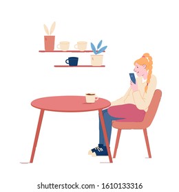 Young Woman Visiting Restaurant or Cafe. Female Character Sitting at Table with Coffee Cup Holding Smartphone in Hand. Girl Have Relaxing Sparetime in Cafeteria. Cartoon Flat Vector Illustration