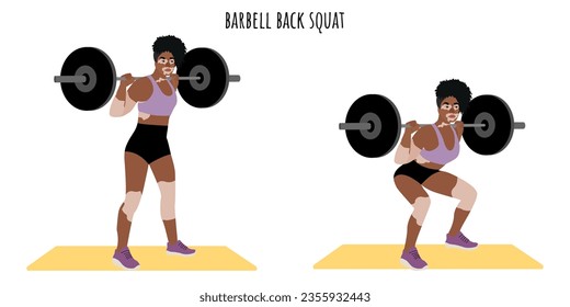 Young woman with vitiligo doing barbell back squat. Young African american woman with Vitiligo. Support people with chronic skin disorder. Beauty is Diversity. Self acceptance, self love concept.