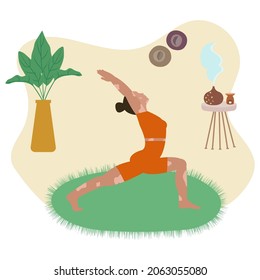 A young woman with vitiligo doing yoga, practicing meditation and stretching on the mat. International Vitiligo Day. Different beauty, body positive, accept and love your body vector illustration.