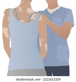 Young woman with vitiligo on the skin at the doctor's appointment. Beauty diversity concept, positive body, self-acceptance, chronic skin disease awareness, illustration