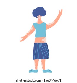 Young woman with vitiligo skin isolated on white background. Pretty girl standing and spreading her arms out to the side. Smiling lady  dressed in skirt and t-shirt. Vector flat illustration.