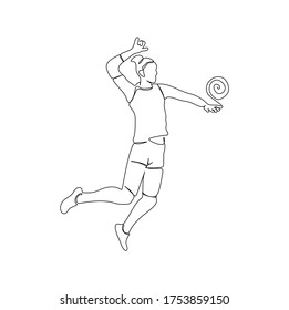 A young woman volleyball player jumping  and preparing to spike the ball. Continuous one line drawing vector illustration 