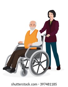 Young woman volunteer caring old disabled man in wheelchair.