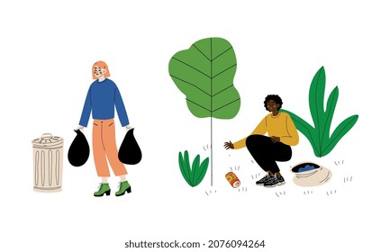 Young Woman Volunteer Collecting Trash in Bags Cleaning Environment Vector Set