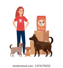 young woman volunteer with cute dogs and food