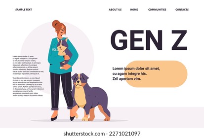 young woman volunteer with dog and cat animals generation Z lifestyle concept