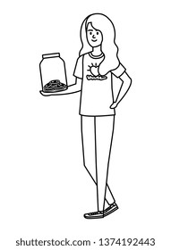 young woman volunteer with donations coins in jar