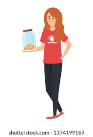 young woman volunteer with donations coins in jar