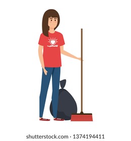 young woman volunteer with garbage bag with broom