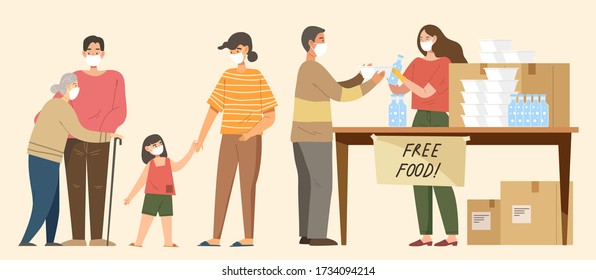 Young Woman Volunteer Give Foods And Drinks To People Who Suffered From COVID-19.Flat Vector Illustration Of Free Food Sharing To Help People, Homeless, Unemployed, People Effected From Virus Epidemic
