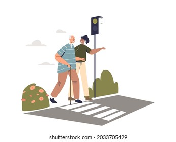 Young woman volunteer helping elder man cross street road on crosswalk. Girl walking with old gray hair male. Youth taking care of senior concept. Cartoon flat vector illustration