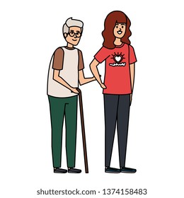 young woman volunteer helping a grandfather