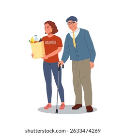 Young woman volunteer helps an elderly man carry a bag of groceries. Vector illustration.