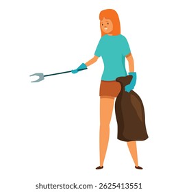 Young woman volunteer holding trash bag and using grabber tool, collecting garbage and cleaning environment