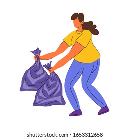 Young woman volunteer is holding two garbage bags in her hands. Concept of separate collection of garbage. Cartoon simple flat style. Vector illustration.