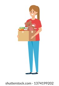 young woman volunteer lifting donations box