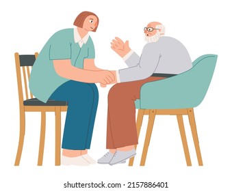 Young woman volunteer or social worker is talking to an older man. Elderly Care and Support Concept. Nurse or volunteer worker taking care of an Senior.Vector illustration isolated on white background