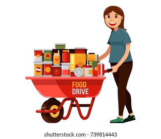 young woman volunteer with wheelbarrow full of food drive donation vector illustration