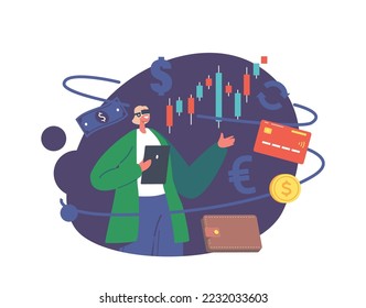 Young Woman in Vr Glasses In Front Of AR Information Dashboard. Data Analysis, Database Visualization Concept with Girl Working and Analyzing Digital Charts and Graphs. Cartoon Vector Illustration