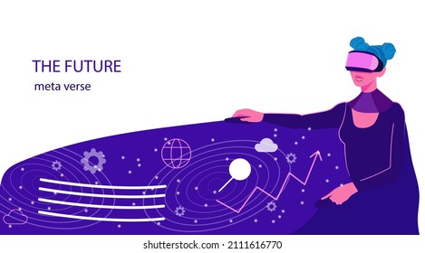 Young woman in VR headset exploring virtual reality graphics and data on her coat. Concept of virtual or augmented reality, interactive futuristic experience. Modern editable vector illustration.