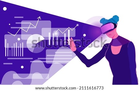Young woman in VR headset exploring digital interface and working with infographic. Concept of virtual or augmented reality, interactive experience. Modern flat vector illustration.