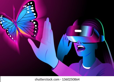 A young woman in a VR headset looks around and touches a virtual butterfly. Helmet of virtual reality on a black background