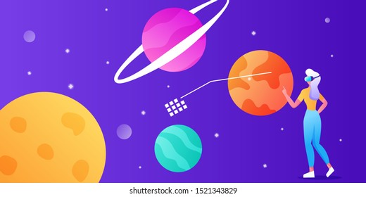 Young woman with VR headset in space. Virtual reality for education and games. Flat cartoon vector illustration. Girl flying in cyberspace interacting with imaginary universe. For banner, landing page
