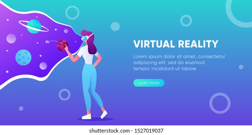 Young woman with VR headset in space. Virtual reality for education and games. Flat cartoon vector illustration. Girl flying in cyberspace interacting with imaginary universe. For banner, landing page