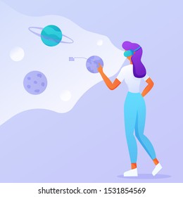 Young woman with VR headset in space. Virtual reality for education and games. Flat cartoon vector illustration. Girl flying in cyberspace interacting with imaginary universe. For banner, landing page