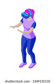 Young woman with VR headset touches invisible virtual interface. Isometric character. Isolated on white background. Design element for web page, mobile app etc.